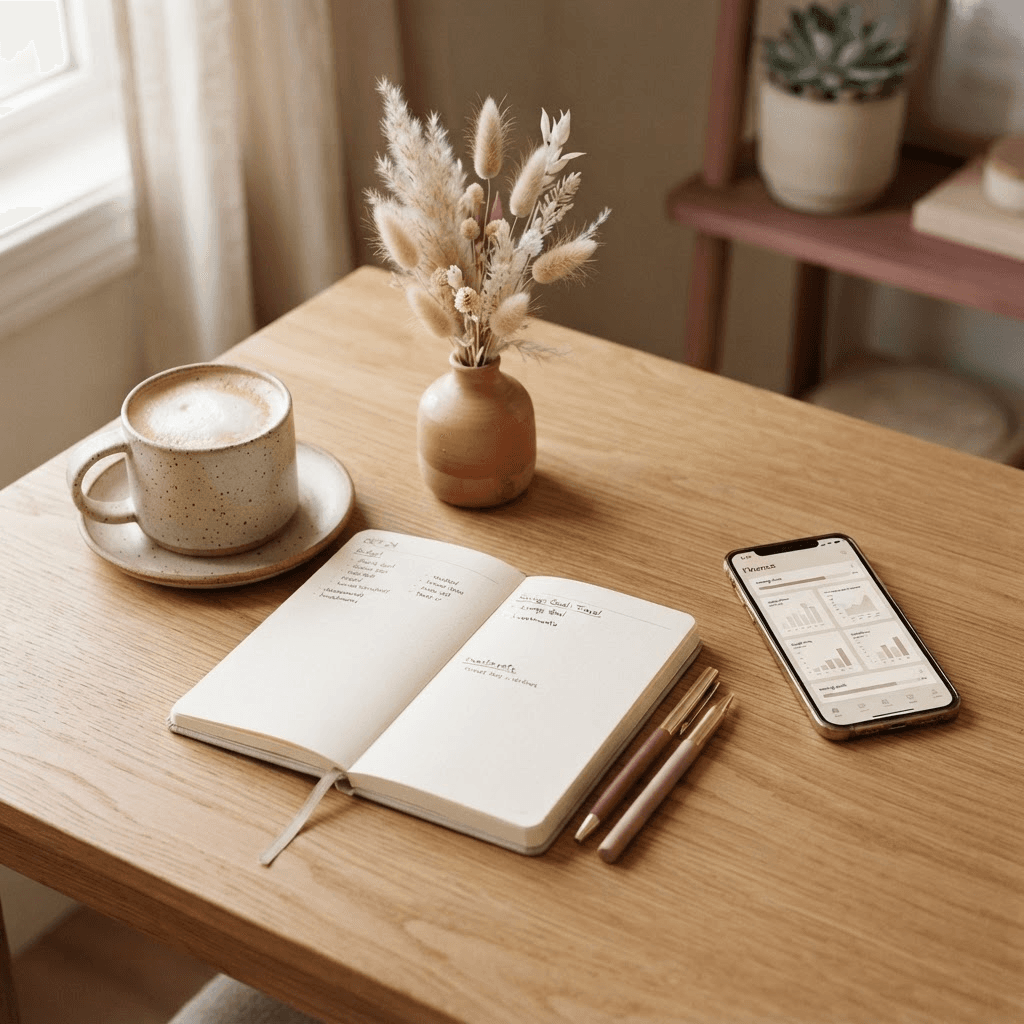 Un bureau chaleureux avec un carnet, un café et un téléphone affichant le tableau de bord Manya